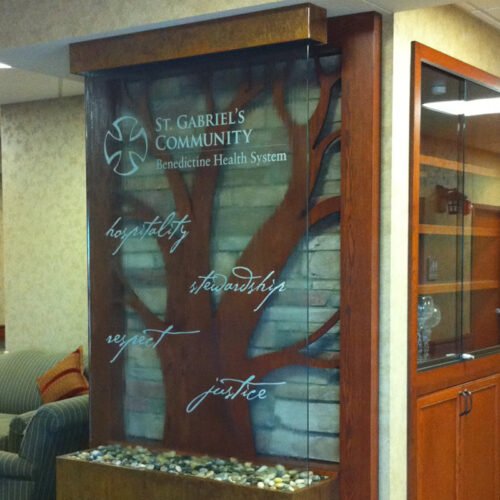 Water feature glass laser etched